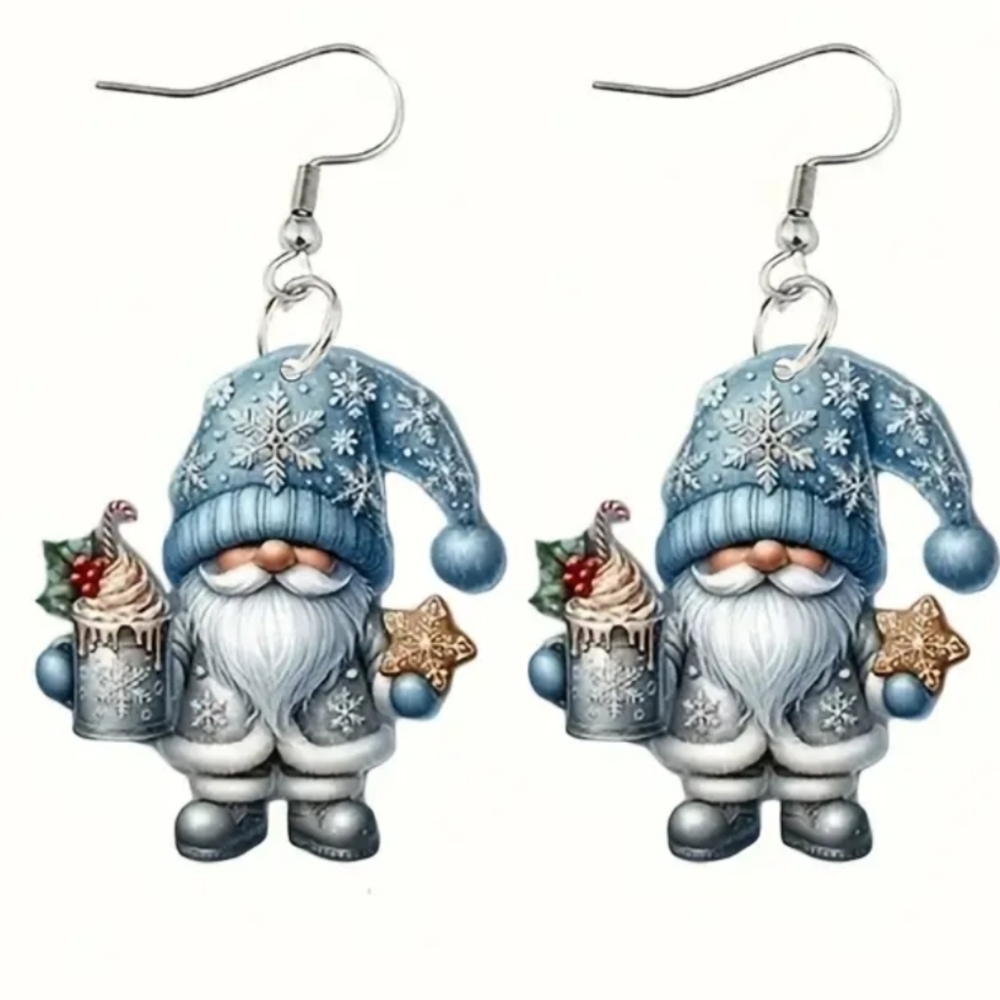 Christmas Holiday Festive Acrylic Lightweight Blue and Gray Gnome Earrings
